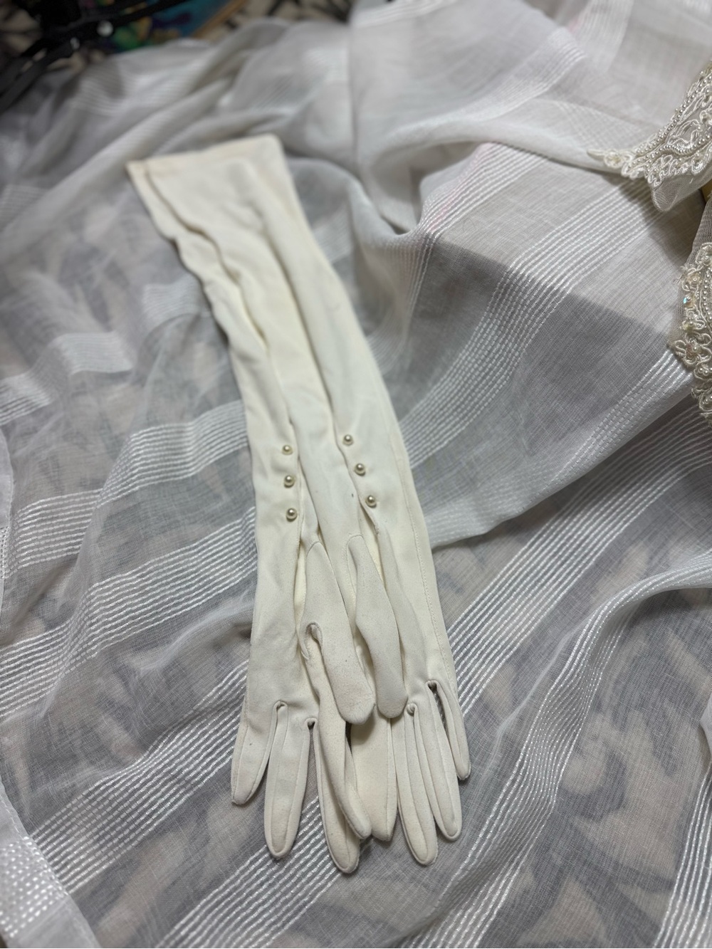Vintage Long White Satin Opera Gloves Pearl Button Closure